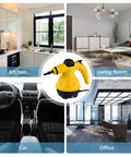 Beast 1000W Handheld Steam Cleaner displayed with uses in kitchen, living room, car, and office settings. 10-piece accessory kit.