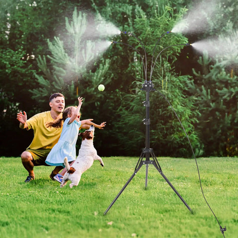 Adjustable Outdoor Misting System For Patio And Garden Height From 3.5 To 5.25 Feet 26.5 Ft Water Supply Line in use