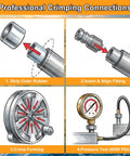 Hydraulic hose crimping guide showing step by step: strip outer rubber, insert and align fittings, crimp forming.