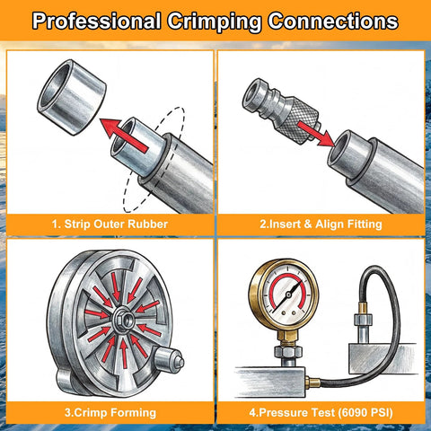 Hydraulic hose crimping guide showing step by step: strip outer rubber, insert and align fittings, crimp forming.