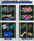Four compartments showing screws, beads, toys, and craft supplies in a Two Pack 34 Compartment Double Sided Parts Organizer Case.