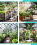 Standing Misting System With Fillable Base, 26.2Ft Water Line in use for garden and patio cooling, white.