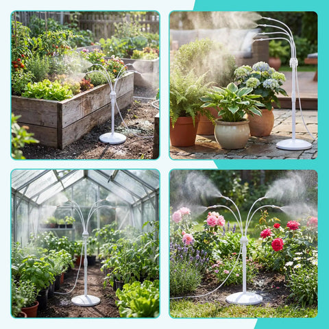 Standing Misting System With Fillable Base, 26.2Ft Water Line in use for garden and patio cooling, white.
