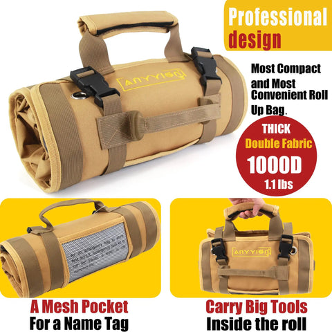 Heavy Duty Roll Up Tool Organizer With Six Pouches For Mechanic Carpenter Electrician And Hobbyist Portable Tool Bag For Tools Auto Bike And Home DIY Projects Durable Compact Quick Access Gear shown folded with handle and pocket.