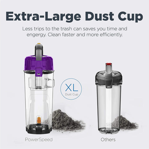 Purple Eureka PowerSpeed bagless upright vacuum with XL dust cup; shown beside a standard-cup model.