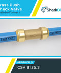 Close-up of installed Three Quarter Inch Push To Connect Brass Check Valve For Water Lines And Plumbing Fittings PEX Copper CPVC PERT HDPE