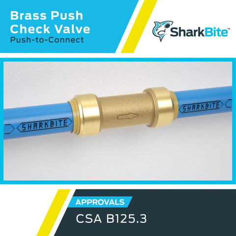 Close-up of installed Three Quarter Inch Push To Connect Brass Check Valve For Water Lines And Plumbing Fittings PEX Copper CPVC PERT HDPE