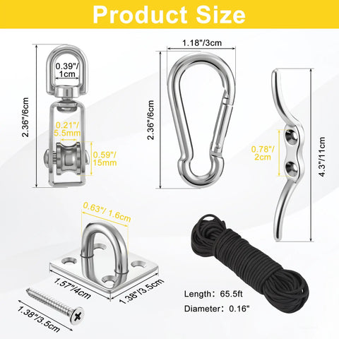 Heavy Duty Cable Pulley System For Lifting With 66 Foot Nylon Rope, 360 Degree Swivel Stainless Steel Blocks, Pro Grade And Maintenance Free, Corrosion Resistant, Ideal For Towing, Suspension, And Rigging Tasks, size diagram