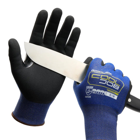 Fiberglass Free A5 Cut Resistant Gloves For Men With Touchscreen Safety, Nitrile Grip Coated, Blue XL, used for knife handling