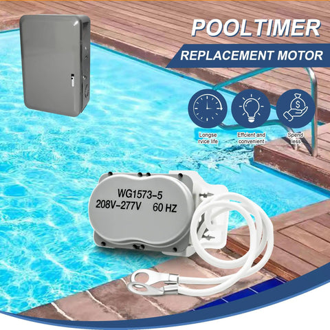 Pool Timer Replacement Motor 208 277 Volt 60Hz 3W shown near a swimming pool, highlighting its quiet, durable design