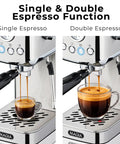Compact Espresso Machine With 20 Bar Pump And Milk Frother Steam Wand For Barista Grade Lattes And Cappuccinos At Home 1350W Fast Heating 40 Ounce Removable Water Tank Stainless Steel Silver showcasting single and double espresso function