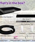 Pond Waterfall Spillway Pool Fountain Water Feature In Black Stainless Steel kit components, including spillway, filter, and connectors