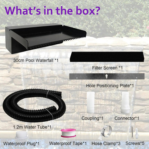 Pond Waterfall Spillway Pool Fountain Water Feature In Black Stainless Steel kit components, including spillway, filter, and connectors