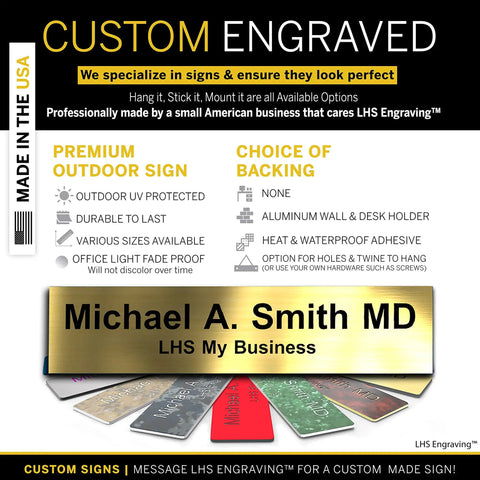 Custom Engraved Brushed Brass Office Door Name Plate And Personalized Desk Sign Featuring Sleek Metal Construction Easy Cubicle Wall Or Adhesive Mount For Bosses Crushing It Daily with text details.