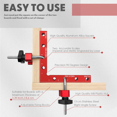 Diagram showing 90 Degree Corner Clamp Set With Aluminum Right Angle Squares 4 Clamps And 4 Squares for woodworking alignment.