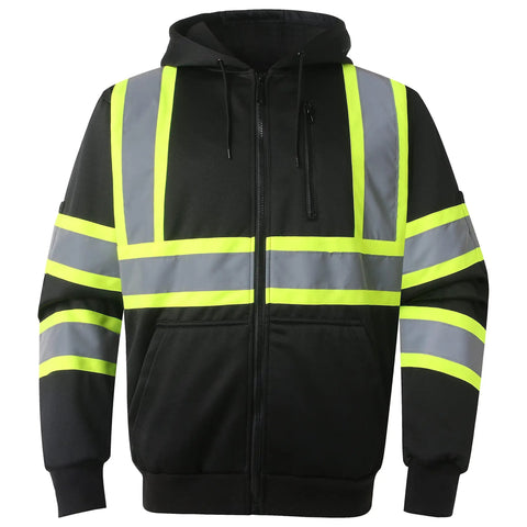 Hi-Vis Safety Zip-Up Hoodie Sweatshirt For Men And Women With Reflective Strips And Extended Trims Class 3 PPE Fleece Work Jacket