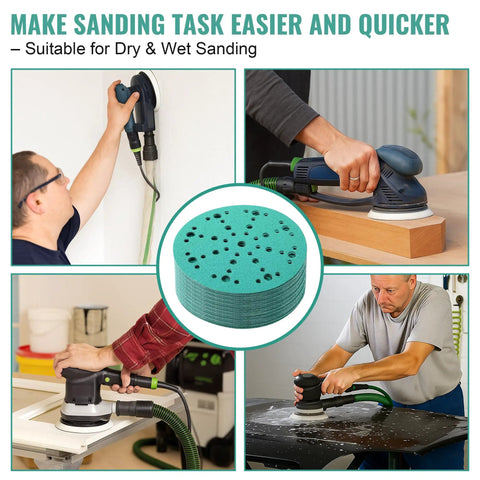 Collage showing 60 Pack 6 Inch Sanding Discs with 49 Hole Pattern, used with Festool 150 Series Sander on various surfaces