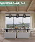 Beefy 120 To 240 Inch Curtain Rod Matte Black in modern dining room setup with large windows and white curtains.