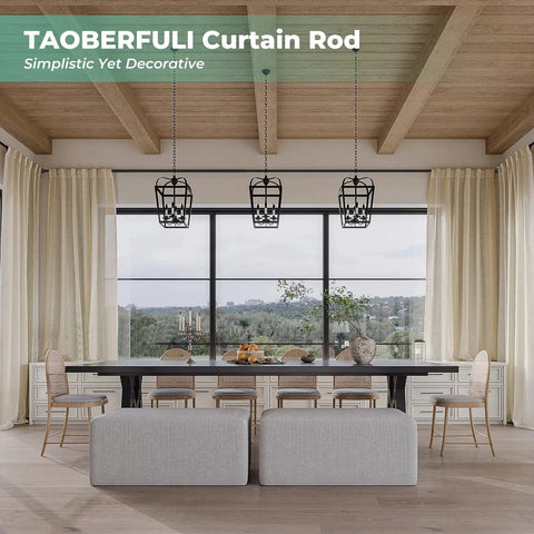 Beefy 120 To 240 Inch Curtain Rod Matte Black in modern dining room setup with large windows and white curtains.