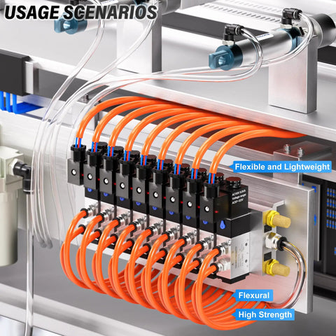 Orange 3/8 Inch OD PU Polyurethane Air Tubing Kit 10 Meter 32.8ft with 27 pieces connected to pneumatic system in use