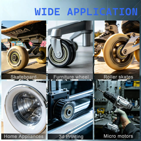 Wide application of 10 Pack Of 6200-2RS Deep Groove Ball Bearings 10X30X9mm in skateboards, furniture wheels, and 3D printers.
