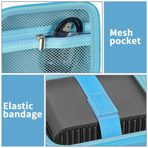 Lock And Load Your WiFi Six Router In This Knockout Travel Case To Safely Store Snagged Ethernet Cables Adapters And Tech Gear With Ridiculously Sturdy Road Trip Ready Design showing mesh pocket with USB cable and elastic band holding router.