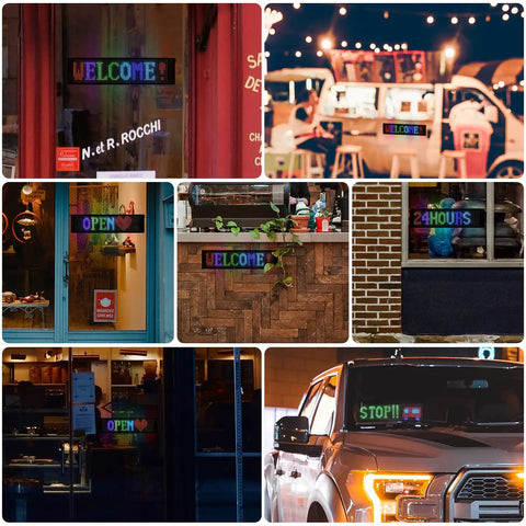 Images of Programmable LED Sign Dope With USB 5V Power High Bright LED Matrix Panel Smart App Control DIY Text Patterns Waterproof Bendable Car Window Display 15x4 Inch in various settings.