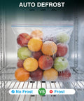 Auto defrost demonstration showing frozen apples and oranges in a clear bag inside a Straight Up Heavy Duty 72 Cu Ft Three Door Reach In Upright Commercial Freezer.