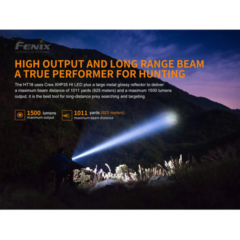 Long-Range Rechargeable Hunting Flashlight 1500 Lumen With 1011 Yards Reach illuminating a dark landscape at night.