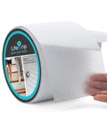 Close-up of a roll of clear non-slip tape being unrolled by hand, 4 inch by 30 feet, grippy anti-slip adhesive for tubs, boats, and stairs.