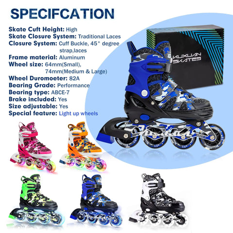 One Push Adjustable Inline Skates For Kids And Youth With Full Light Up Wheels Camo Blue specifications and features overview.