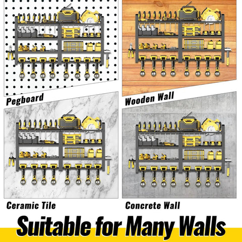 Power Tool Organizer Wall Mount Four Layer Heavy Duty Metal Storage Rack With Eight Drill Holders on various walls