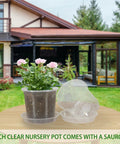 Clear 4 Inch Nursery Pots With Drainage And Saucers, 20 Pack Transparent Plant Pots in garden setting with flowers visible