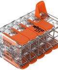 Lever Nuts Splicing Connector Kit, 10-Channel With Operating Levers, For Solid And Stranded Conductors 24-12 AWG, Transparent Housing, No-Fuss Quick Connect, Reusable, Box Of 15 Pieces; clear orange lever connector