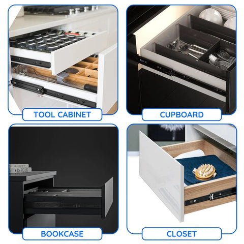 Six Inch Soft Close Full Extension Ball Bearing Drawer Slides For Small Drawers Jewelry Boxes Toolboxes Side Mount 1 Pair Black Slick Glide Self Close Durable shown in various furniture applications.