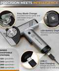 RapidEdge Cordless Electric Scissors With Brushless Motor Cutting At 350rpm with blade change tool and battery display features.