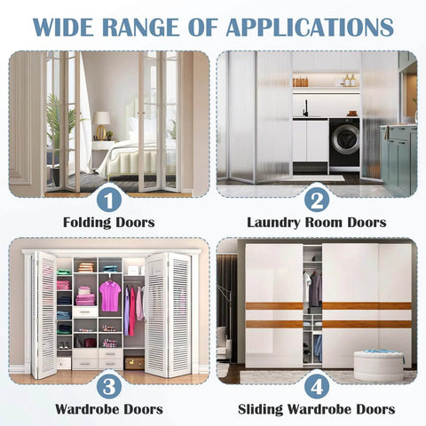 Wide range of applications for folding doors, laundry room doors, wardrobe doors, featuring Spring Loaded DIY-Friendly Bi-Fold Door Hardware Kit.