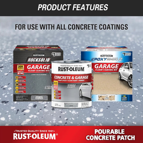 Pourable Concrete Patch for Floors, Quick Repair Kit in a 5 Lb Pail for concrete coatings with Rust-Oleum products shown