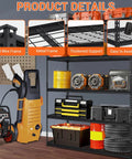 Heavy Duty 5 Tier Garage Shelving Unit With 2500 Lbs Capacity, 60 In L By 24 In D By 78 In H Metal Utility Storage Rack For Garage, Basement, And Workshop Organization, Built To Haul Tools, Bulk Supplies, And Seasonal Gear. black metal 5-tier shelving with wire frame and tools