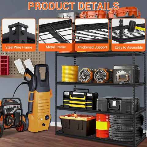 Heavy Duty 5 Tier Garage Shelving Unit With 2500 Lbs Capacity, 60 In L By 24 In D By 78 In H Metal Utility Storage Rack For Garage, Basement, And Workshop Organization, Built To Haul Tools, Bulk Supplies, And Seasonal Gear. black metal 5-tier shelving with wire frame and tools