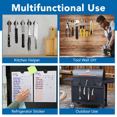 Image showing multifunctional uses of Heavy Duty 1.42 Inch Neodymium Cup Magnets with kitchen, tool wall, refrigerator, and outdoor grill setups.