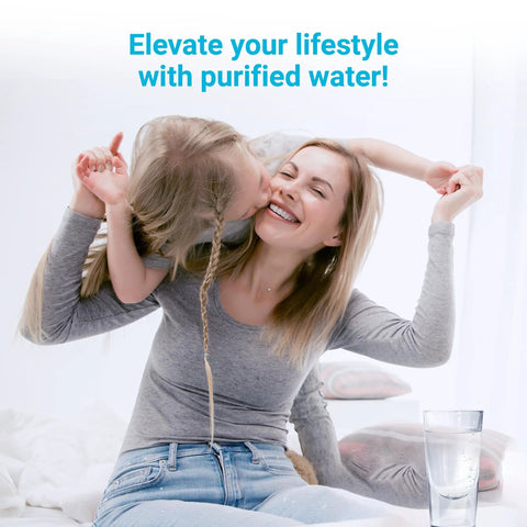 Happy mother and child with glass of water, promoting Pitcher Water Filter Replacement For PUR And PUR Plus Systems Fits CRF950Z PPF951K PPF900Z.