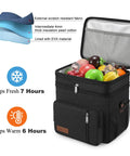 Double Deck Insulated Lunch Bag With 15L Capacity, Leakproof Soft Sided Cooler showing interior with fruits and insulation layers