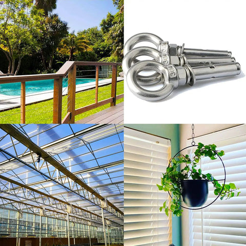 Heavy Duty Stainless Steel Eye Bolt Anchors For Walls, Concrete And Brick, Expansion Bolts With Ring Eyes, M6 Size, 4 Pack shown in various settings