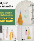 4 Pack Large Suction Cup Hooks For Doors And Windows No Tools No Fuss Wreath Hanger Upgraded 1.9 Inch Diameter Holds Up To 22 Lbs For Front Door Glass Shower Mirrors And Tile shown holding bathroom and kitchen items in various settings.