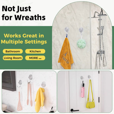 4 Pack Large Suction Cup Hooks For Doors And Windows No Tools No Fuss Wreath Hanger Upgraded 1.9 Inch Diameter Holds Up To 22 Lbs For Front Door Glass Shower Mirrors And Tile shown holding bathroom and kitchen items in various settings.