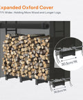 Adjustable Firewood Rack With Weatherproof Cover showing beefy metal frame, holding quarter face cord, easy assembly outdoors