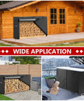 Heavy Duty Firewood Rack And 8-Foot Cover Bundle For Outdoor Wood Storage next to wooden cabin and modern patio.