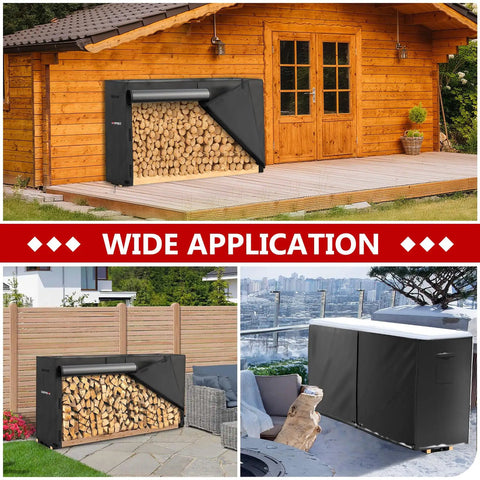 Heavy Duty Firewood Rack And 8-Foot Cover Bundle For Outdoor Wood Storage next to wooden cabin and modern patio.
