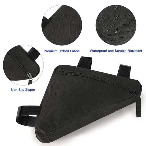 Premium Triangle Bike Frame Bag For Mountain And Road Bikes Lightweight Waterproof Pouch with adjustable Velcro straps in black.